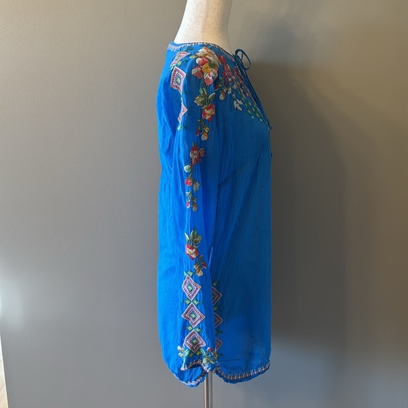 Johnny Was Sheer Blue Floral Embroidered Tie Front Tunic Top - Picture 5 of 14